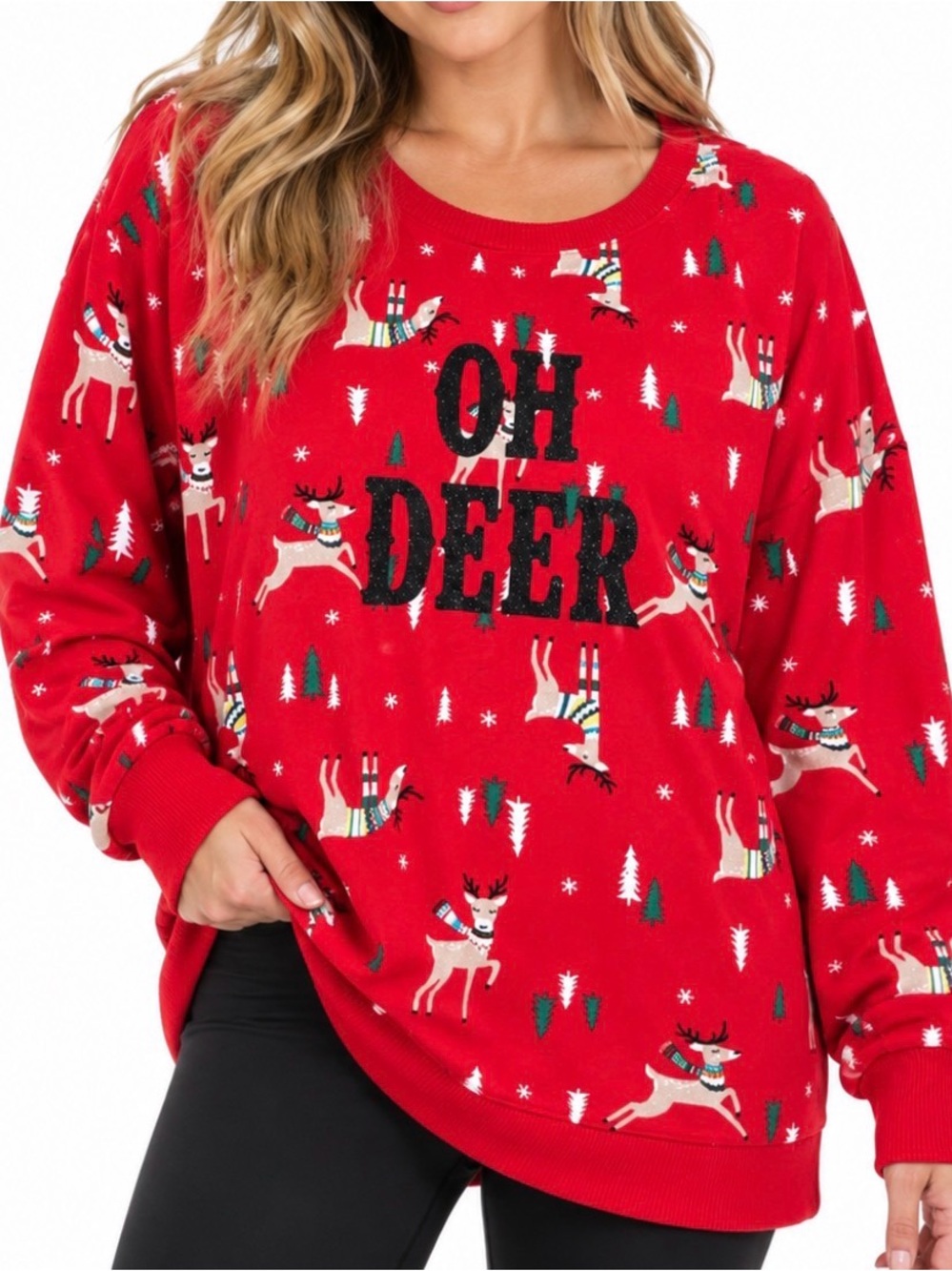 Red Christmas Reindeer “Oh Deer” Holiday Sweatshirt Ugly Christmas Sweater SZ XL